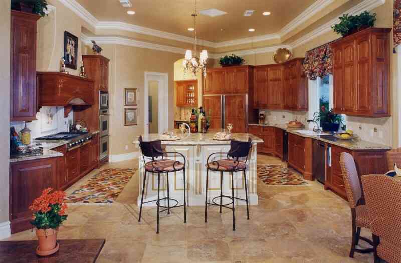 kitchen Kitchen Country-kitchen-design-with-iron-chairs-and-marble-tiling-floor-with-wood-cabinets-and-drawers